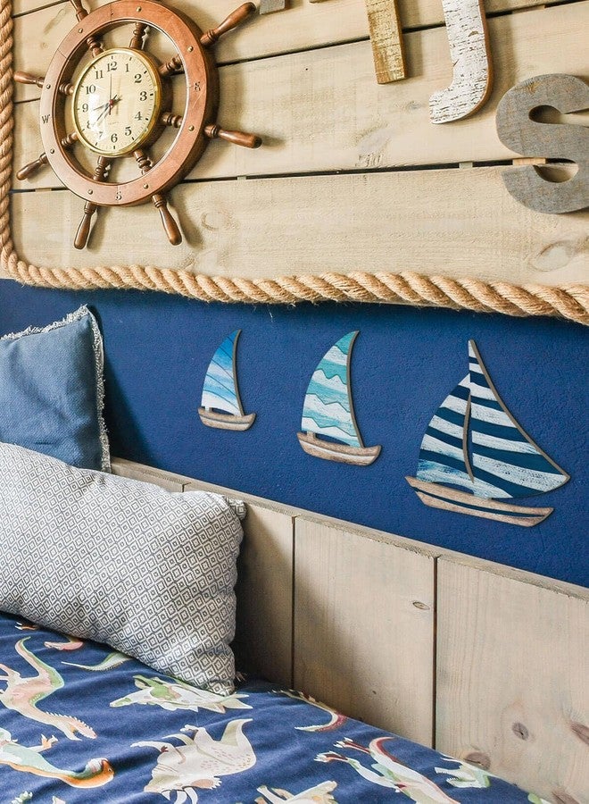Putuo Decor Wooden Sailboat Wall Art Set of 3, Coastal Nautical Decor Self-Adhesive Sculptures, Beachy Lake House Wall Decor for Japandi Bedroom Bathroom Nursery - Image 5